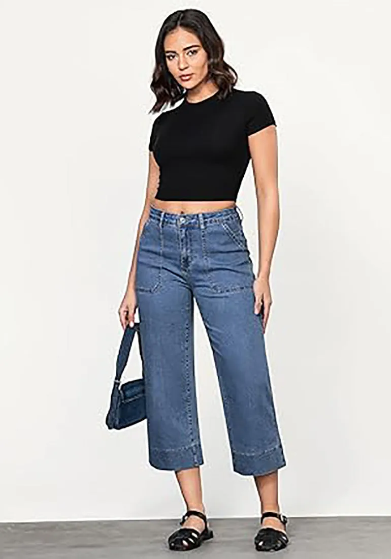 Women's Retro Denim High Rise Jeans Wide Leg Pull On Cropped