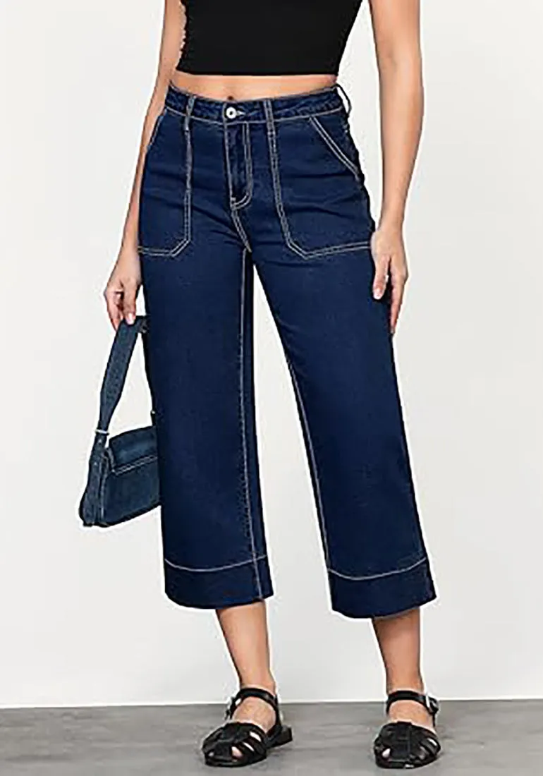 Women's Retro Denim High Rise Jeans Wide Leg Pull On Cropped