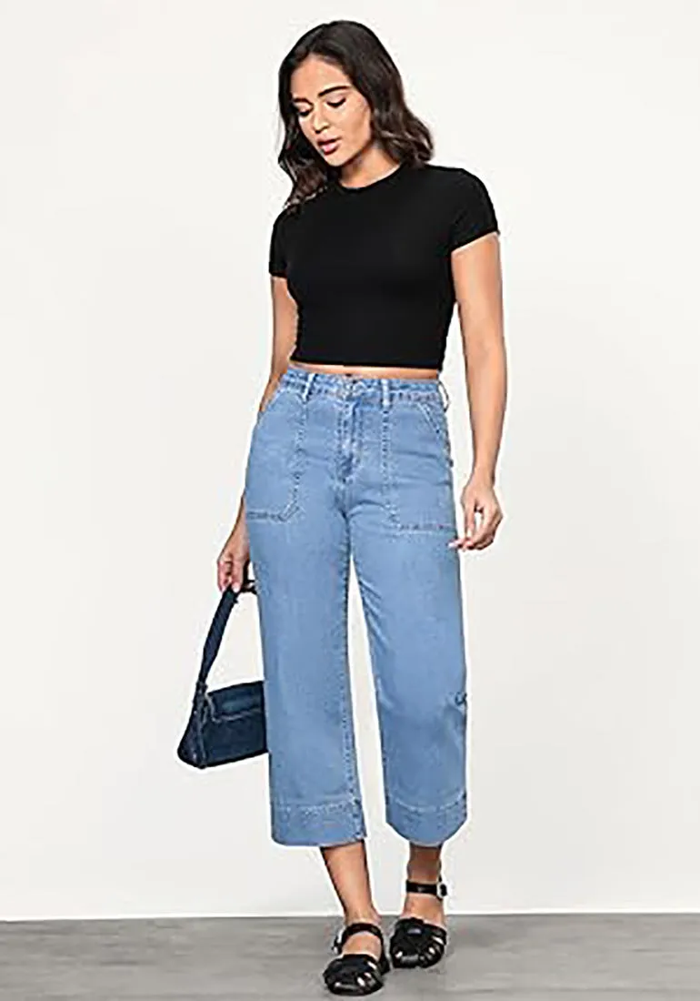 Women's Retro Denim High Rise Jeans Wide Leg Pull On Cropped