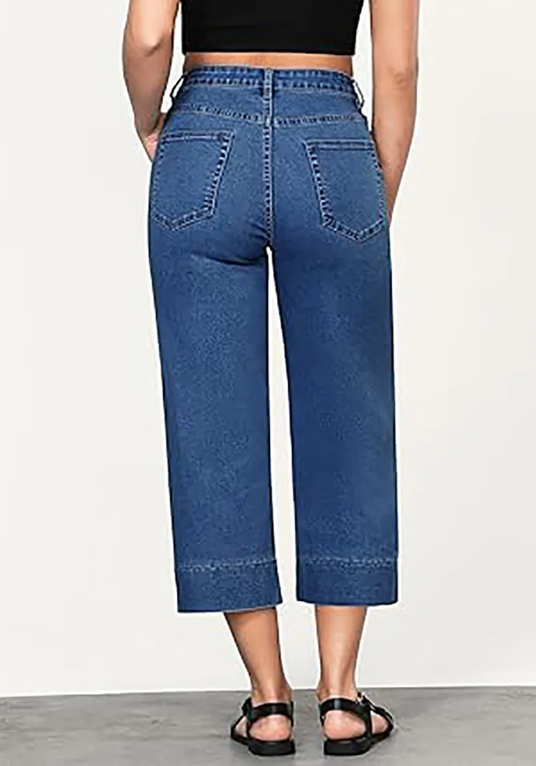 Women's Retro Denim High Rise Jeans Wide Leg Pull On Cropped