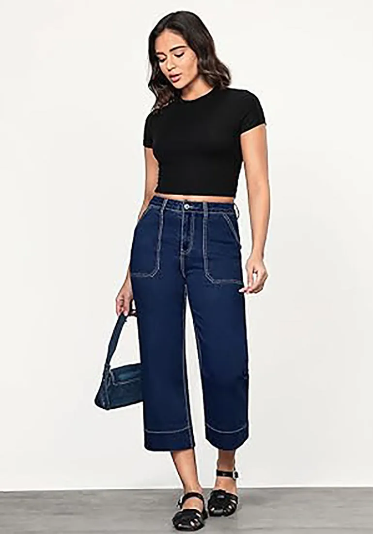 Women's Retro Denim High Rise Jeans Wide Leg Pull On Cropped