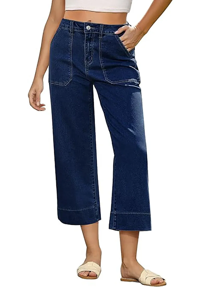 Women's Retro Denim High Rise Jeans Wide Leg Pull On Cropped