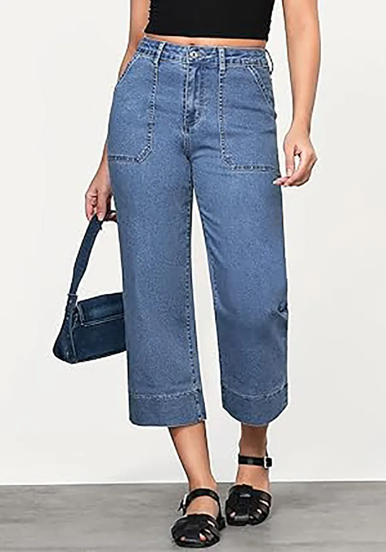 Women's Retro Denim High Rise Jeans Wide Leg Pull On Cropped