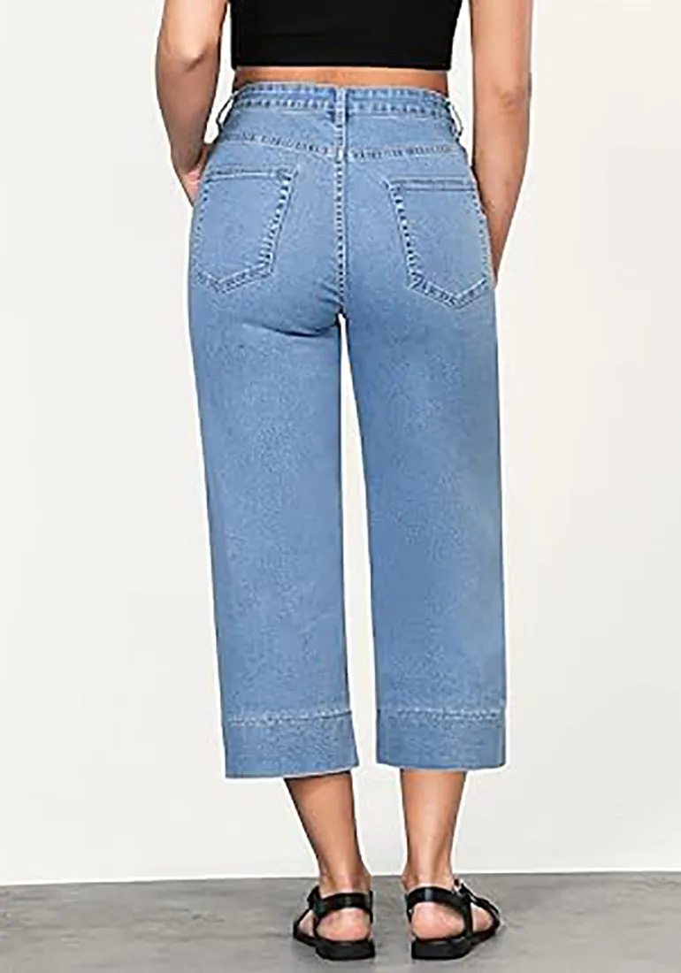 Women's Retro Denim High Rise Jeans Wide Leg Pull On Cropped