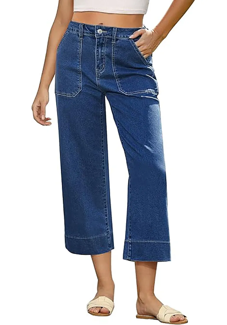 Women's Retro Denim High Rise Jeans Wide Leg Pull On Cropped