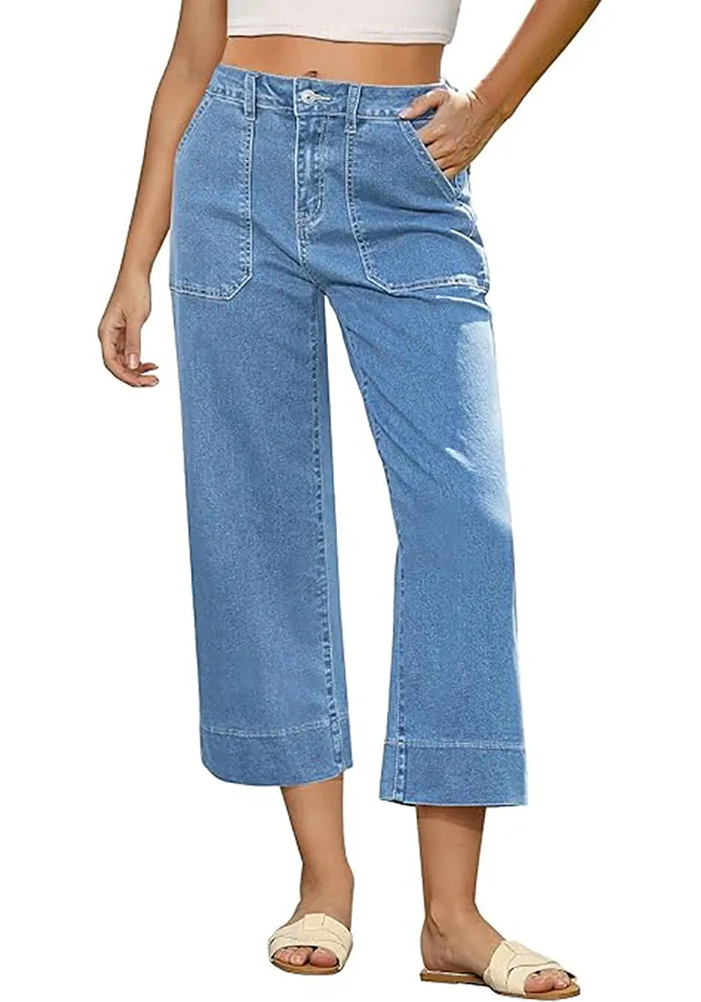 Women's Retro Denim High Rise Jeans Wide Leg Pull On Cropped