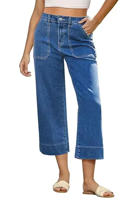 Women's Retro Denim High Rise Jeans Wide Leg Pull On Cropped