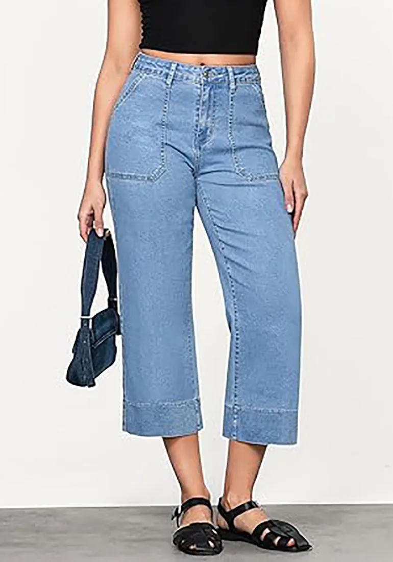 Women's Retro Denim High Rise Jeans Wide Leg Pull On Cropped