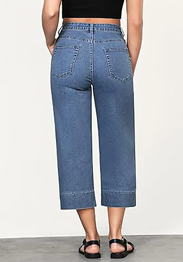 Women's Retro Denim High Rise Jeans Wide Leg Pull On Cropped