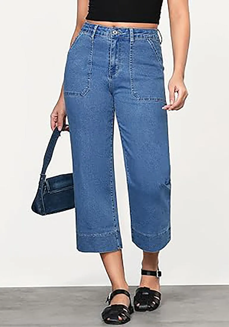 Women's Retro Denim High Rise Jeans Wide Leg Pull On Cropped