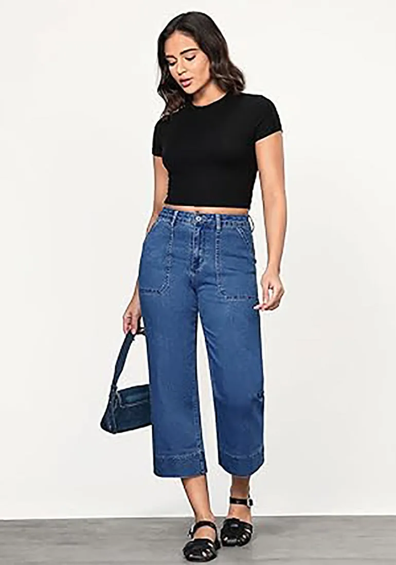 Women's Retro Denim High Rise Jeans Wide Leg Pull On Cropped